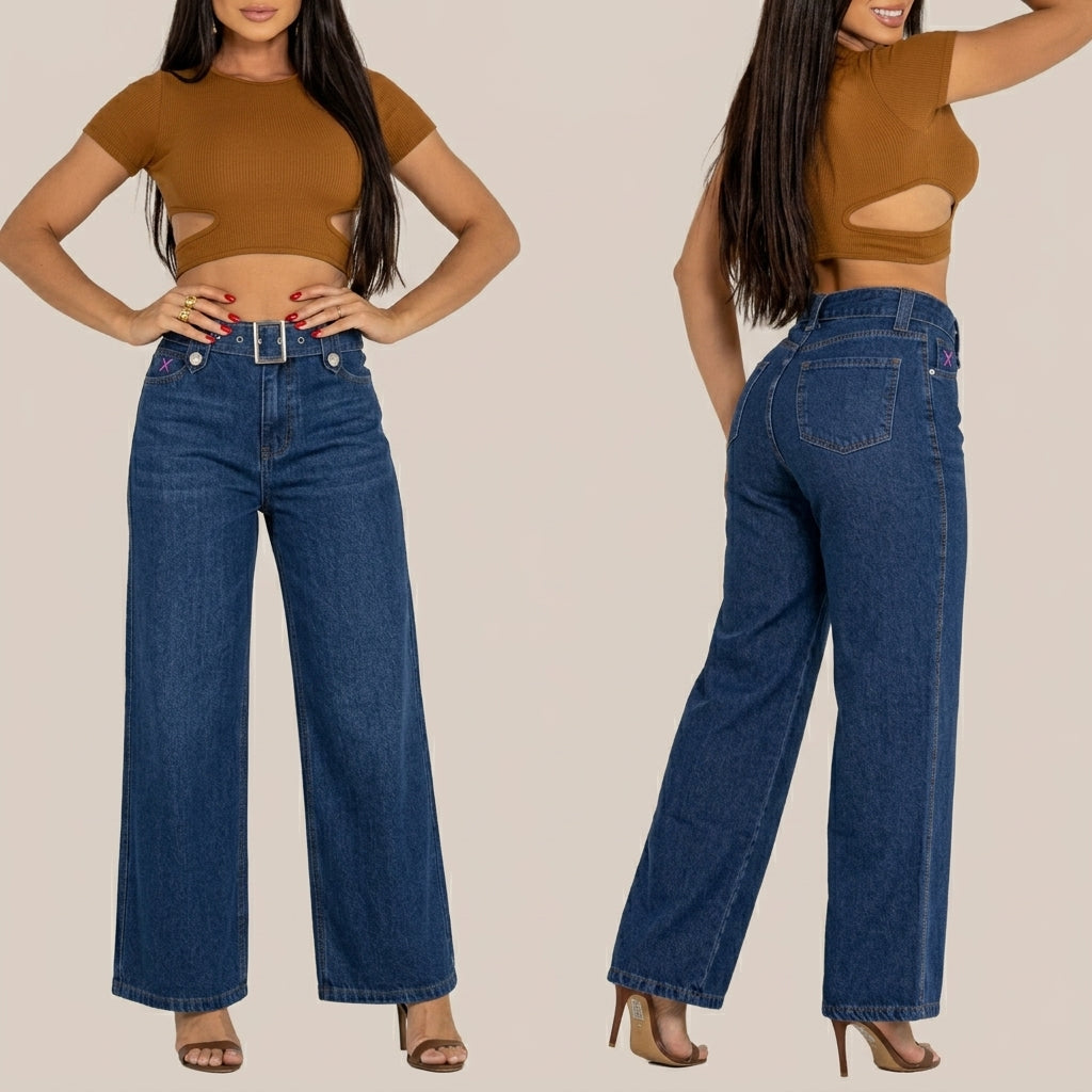 Kit 3 Calças Jeans Wide Leg Femininas Cintura Alta