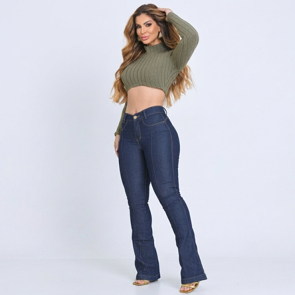 Kit 2 Calça Jeans Feminina Flare Cintura Alta Boca De Sino
