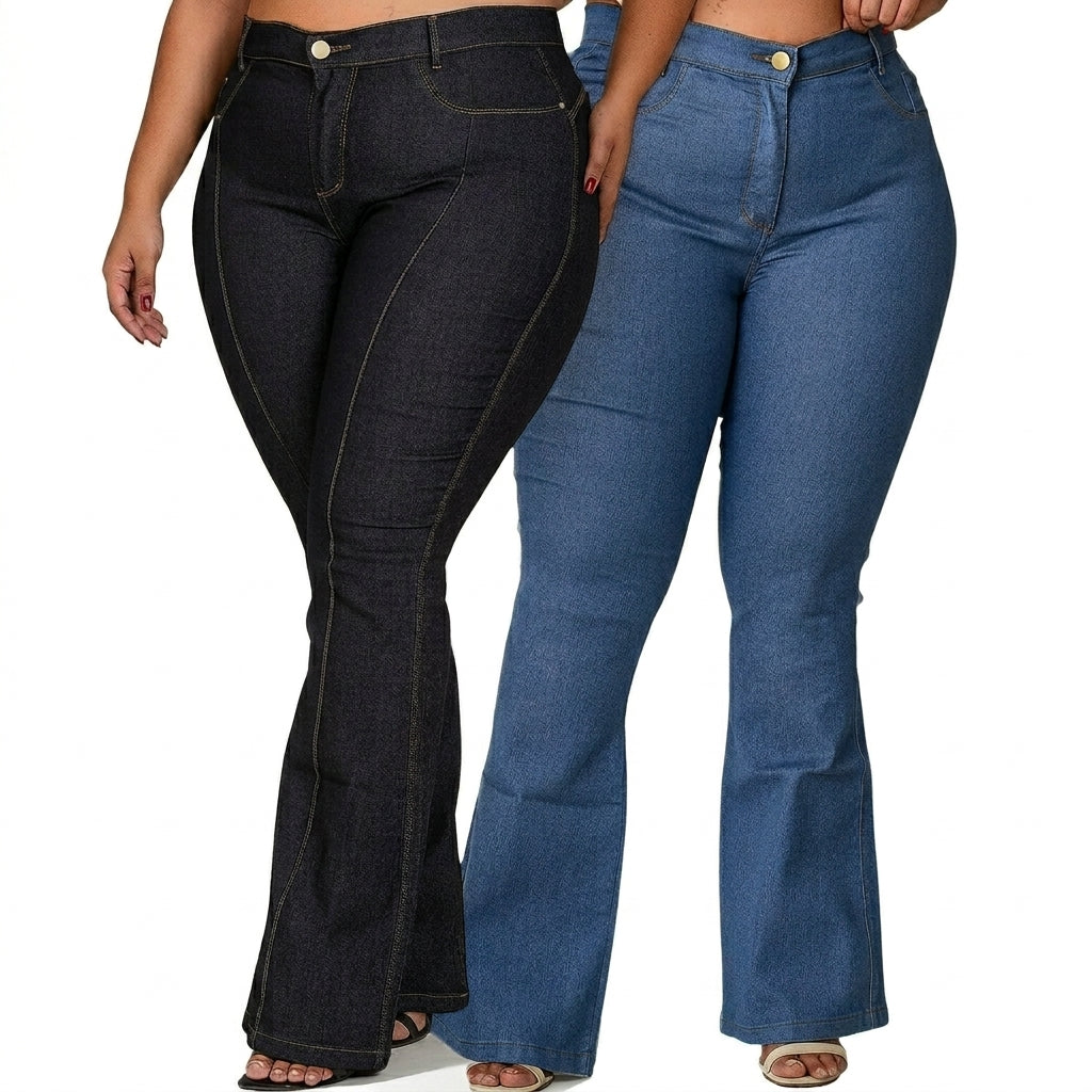 Kit 2 Calça Jeans Flare Plus Size Cintura Alta C/Lycra