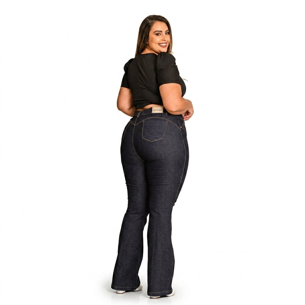 Kit 2 Calça Jeans Flare Plus Size Cintura Alta C/Lycra