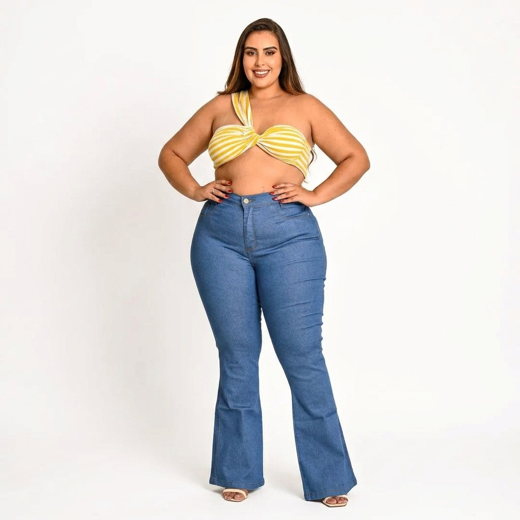 Kit 2 Calça Jeans Flare Plus Size Cintura Alta C/Lycra