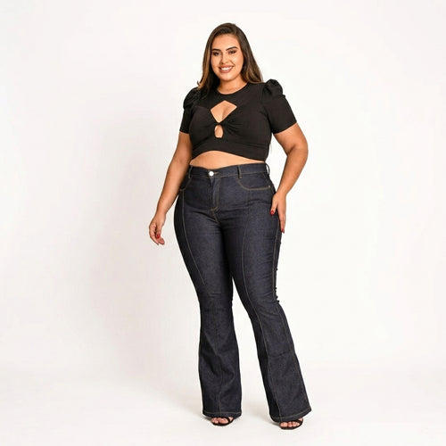 Kit 2 Calça Jeans Flare Plus Size Cintura Alta C/Lycra