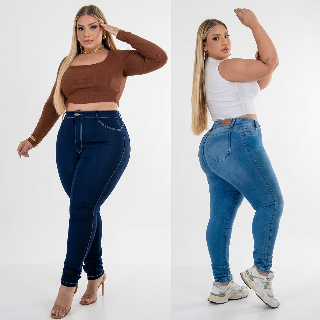 Kit 2 Calças Feminina Plus Size Jeans Skinny Cintura Alta Com Lycra Levanta Bumbum Lançamento