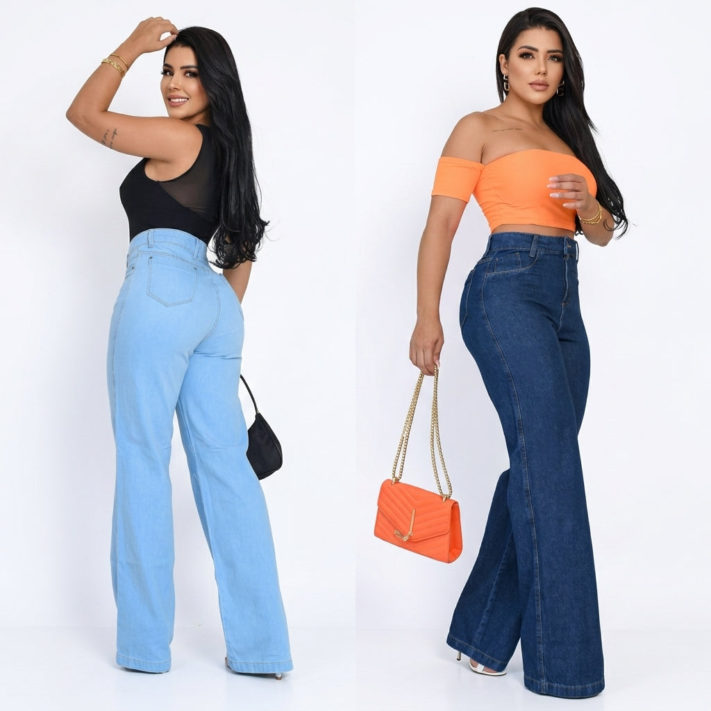 Kit 2 Calças Jeans Wide Leg Pantalona Feminina Cintura Alta Modeladora