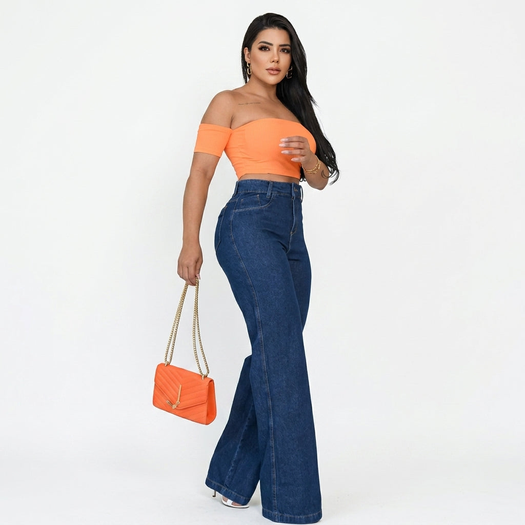 Kit 2 Calças Jeans Wide Leg Pantalona Feminina Cintura Alta Modeladora