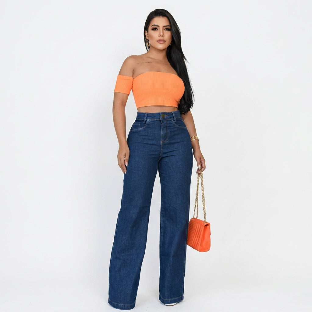 Kit 2 Calças Jeans Wide Leg Pantalona Feminina Cintura Alta Modeladora