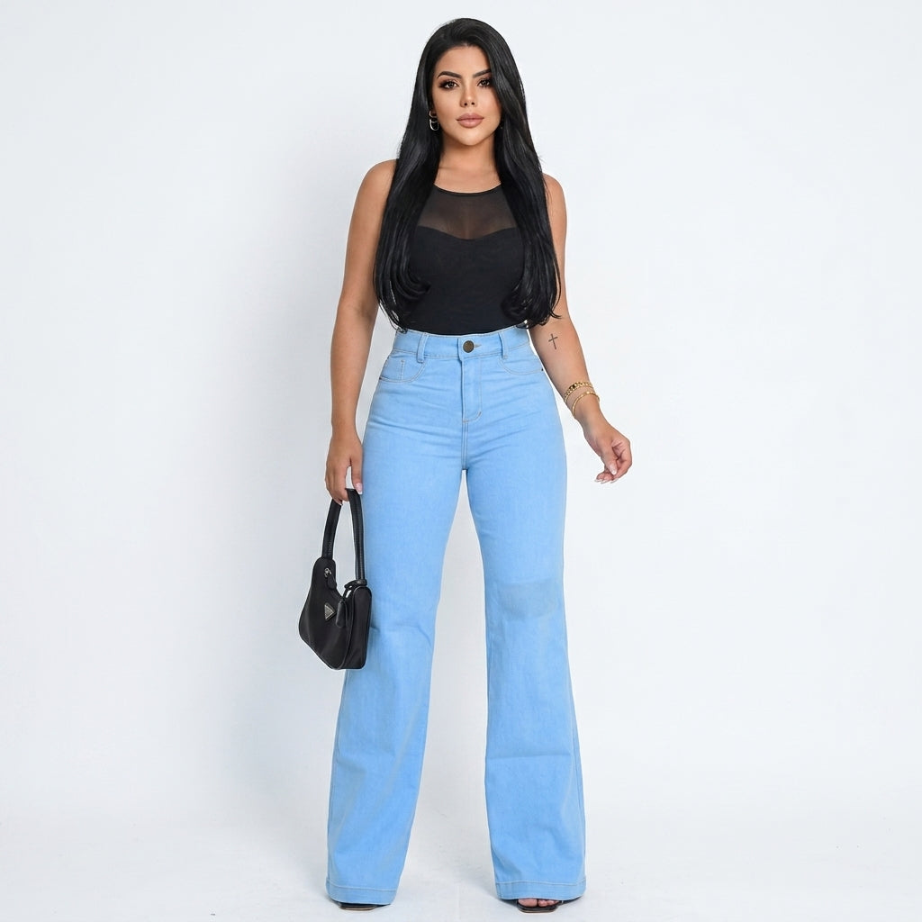 Kit 2 Calças Jeans Wide Leg Pantalona Feminina Cintura Alta Modeladora