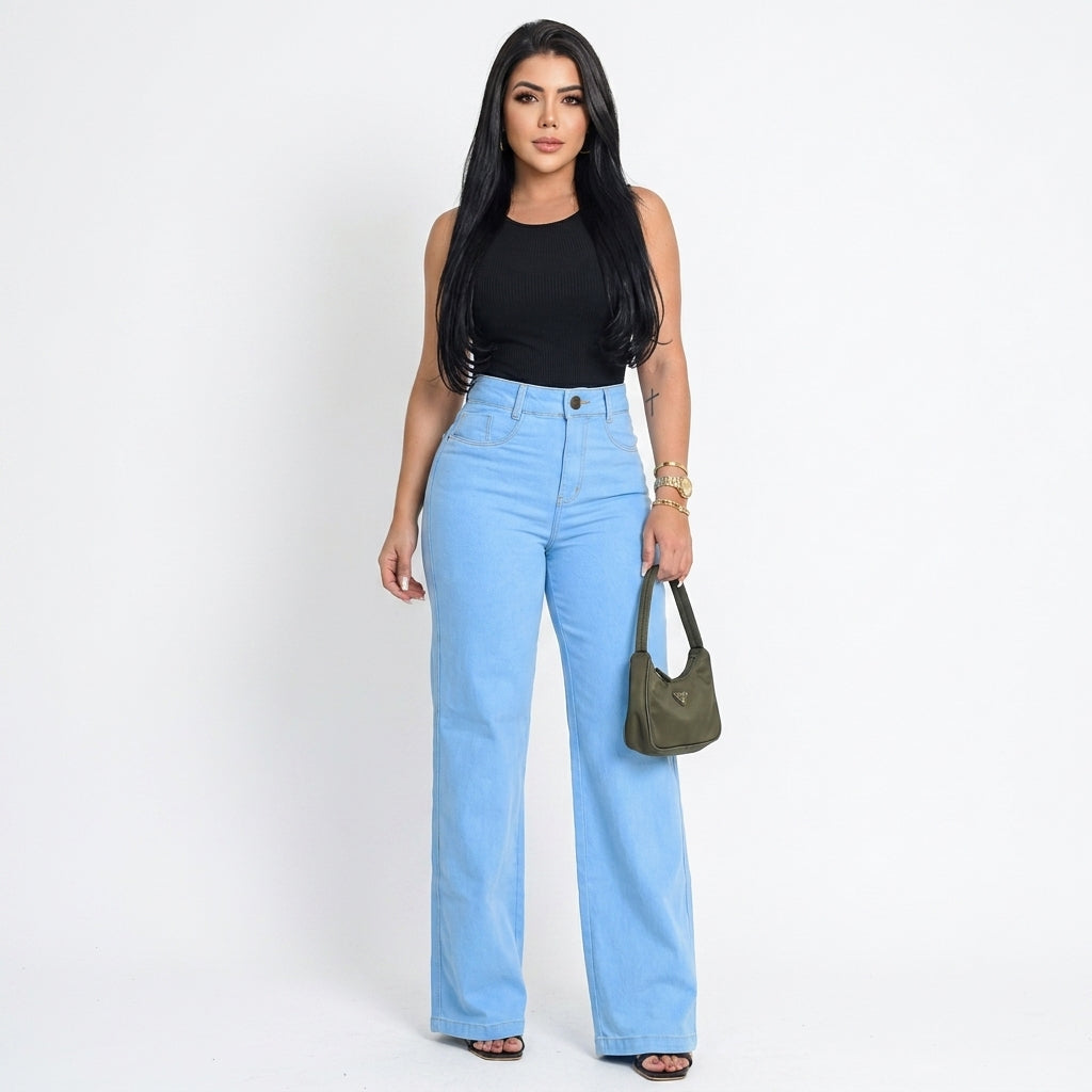 Kit 2 Calças Jeans Wide Leg Pantalona Feminina Cintura Alta Modeladora