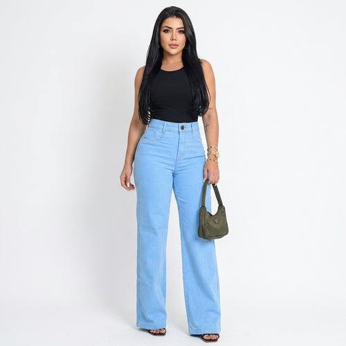 Kit 2 Calças Jeans Wide Leg Pantalona Feminina Cintura Alta Modeladora