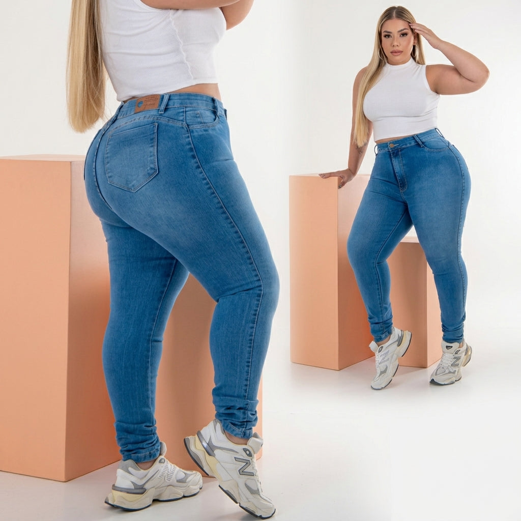Kit 2 Calças Feminina Plus Size Jeans Skinny Cintura Alta Com Lycra Levanta Bumbum Lançamento