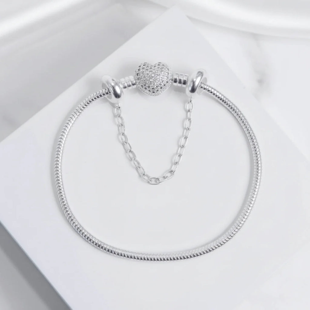 Kit Pulseira Coração Cravejado + Corrente de Segurança Prata 925