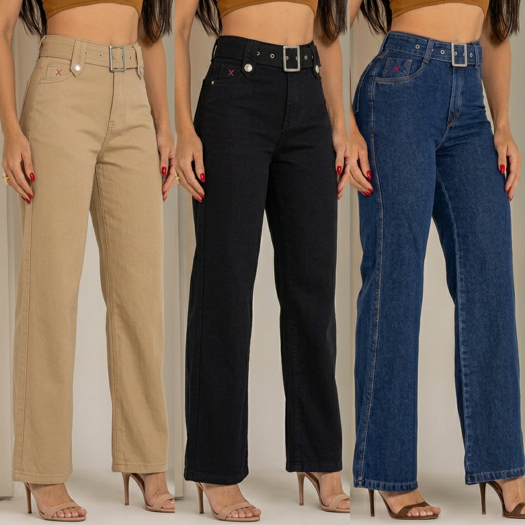 Kit 3 Calças Jeans Wide Leg Femininas Cintura Alta