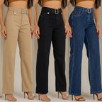 Kit 3 Calças Jeans Wide Leg Femininas Cintura Alta