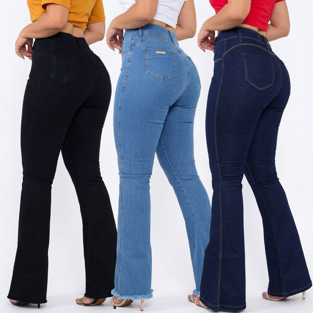 Kit 3 Calças Flare Jeans Modeladoras Cintura Alta Empina Bumbum